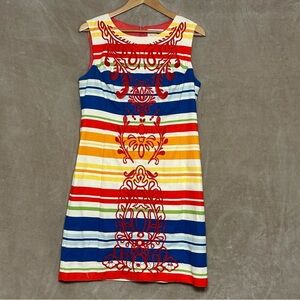 Tabitha Anthropologie Embroideried Design Primary Stripe Shift Dress Size 10